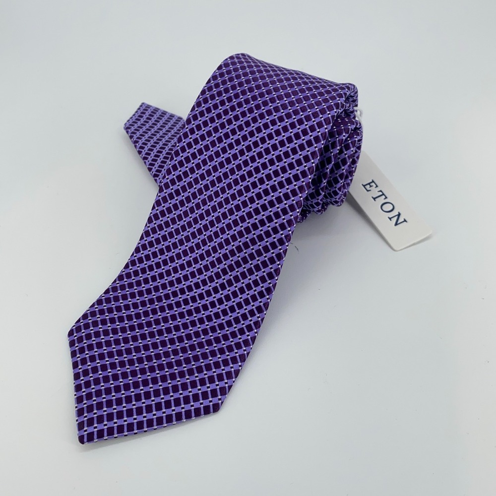 Eton Tie Men One Size Purple Check Textured Silk Luxury Necktie England Made NWT